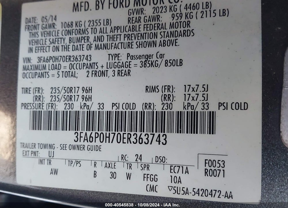 2014 FORD FUSION SE VIN: 3FA6P0H70ER363743