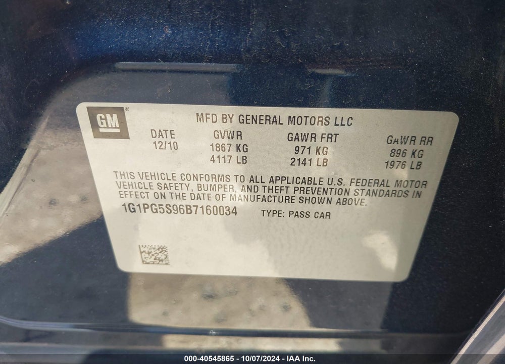 2011 CHEVROLET CRUZE 2LT VIN: 1G1PG5S96B7160034