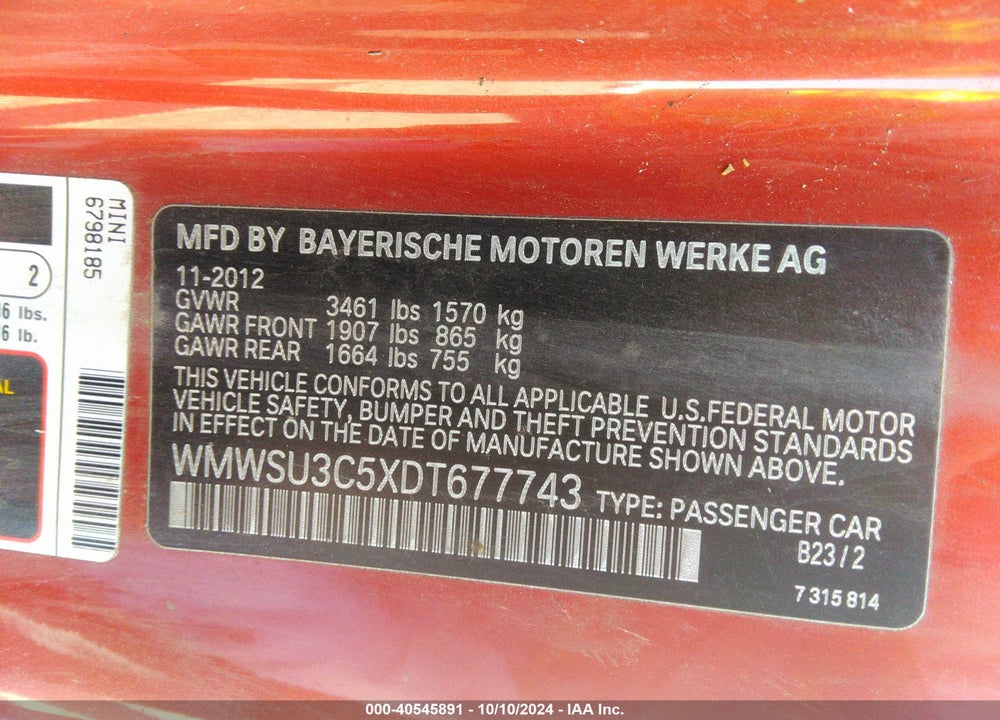 2013 MINI HARDTOP COOPER VIN: WMWSU3C5XDT677743