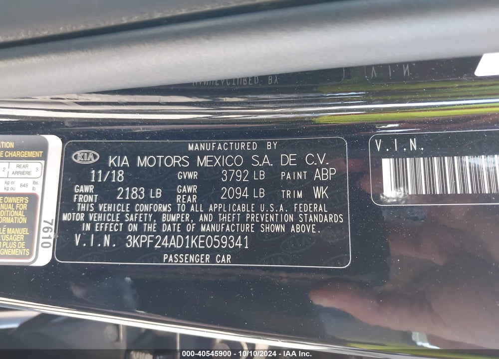 2019 KIA FORTE LXS VIN: 3KPF24AD1KE059341
