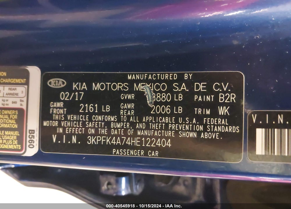 2017 KIA FORTE LX VIN: 3KPFK4A74HE122404
