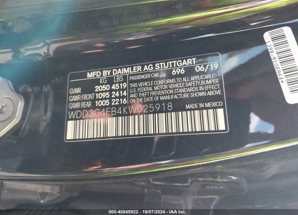 2019 MERCEDES-BENZ A 220 4MATIC VIN: WDD3G4FB4KW025918