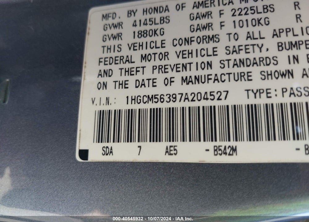 2007 HONDA ACCORD 2.4 SE VIN: 1HGCM56397A204527