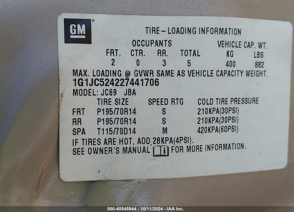 2002 CHEVROLET CAVALIER VIN: 1G1JC524227441706