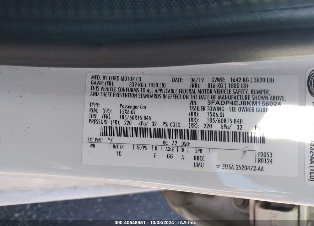 2019 FORD FIESTA SE VIN: 3FADP4EJ8KM156024