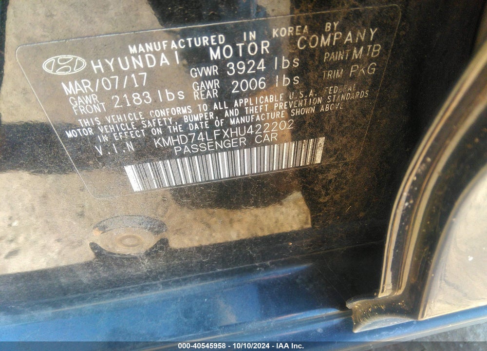 2017 HYUNDAI ELANTRA SE VIN: KMHD74LFXHU422202