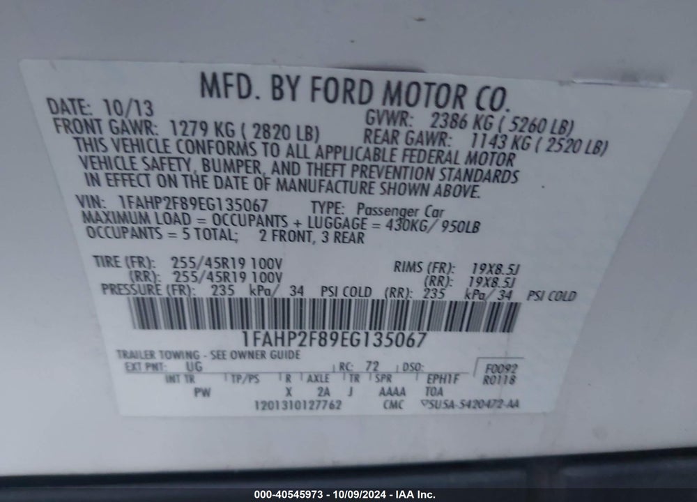 2014 FORD TAURUS LIMITED VIN: 1FAHP2F89EG135067