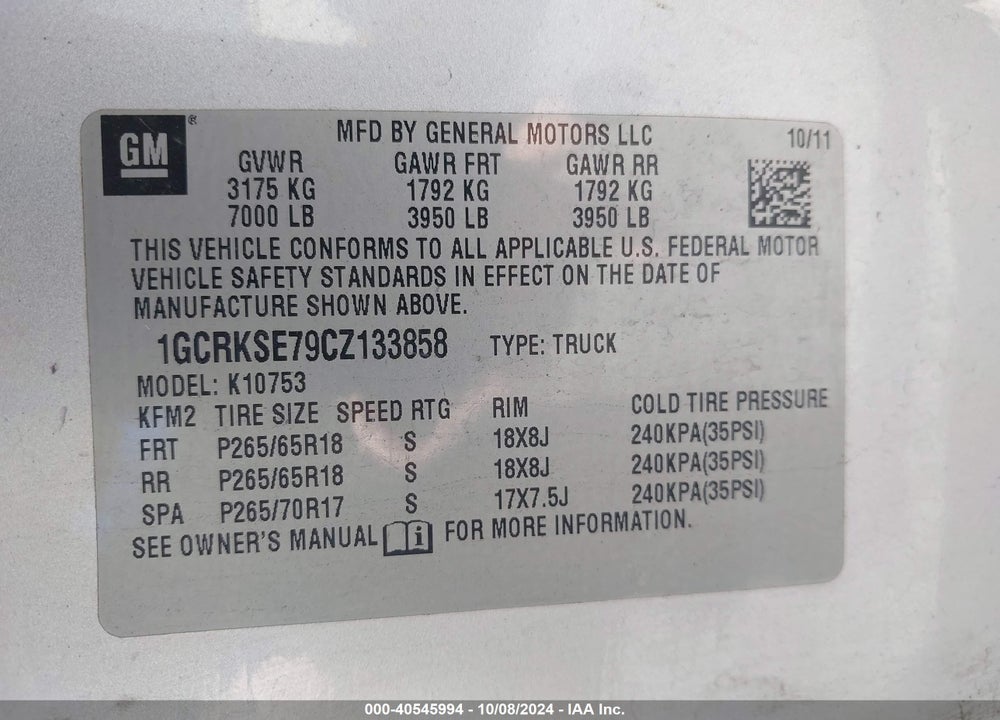 2012 CHEVROLET SILVERADO 1500 LT VIN: 1GCRKSE79CZ133858