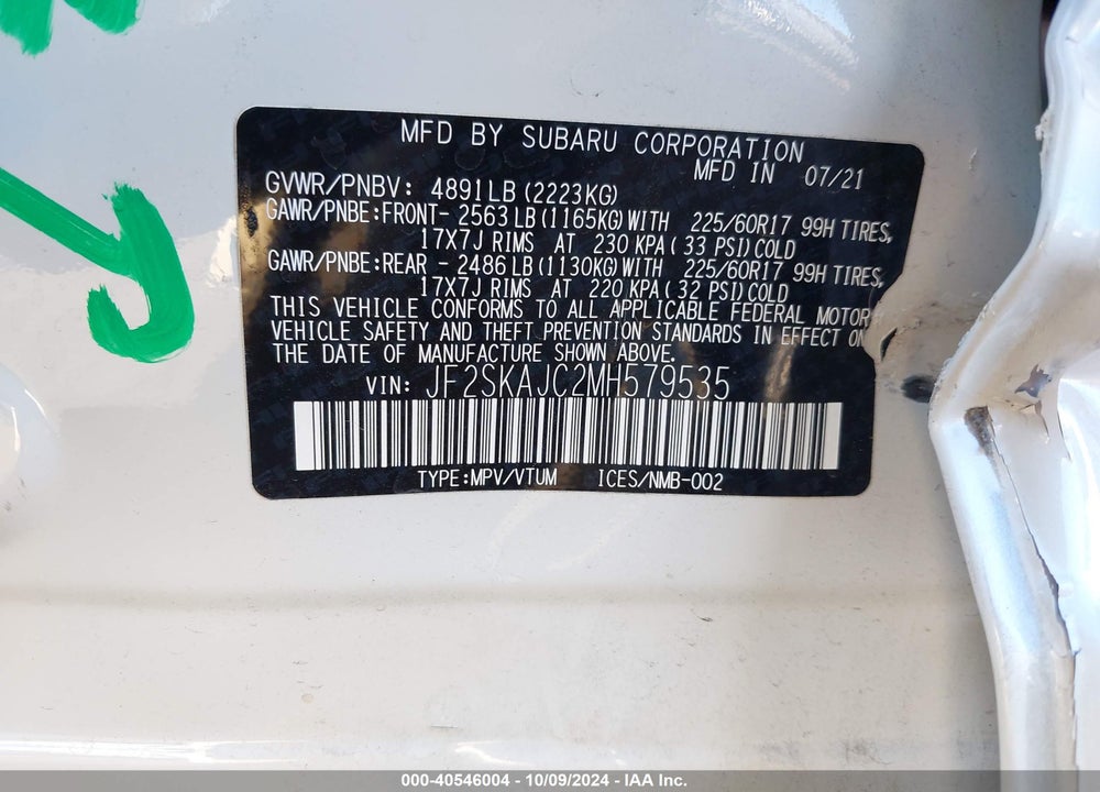 2021 SUBARU FORESTER PREMIUM VIN: JF2SKAJC2MH579535