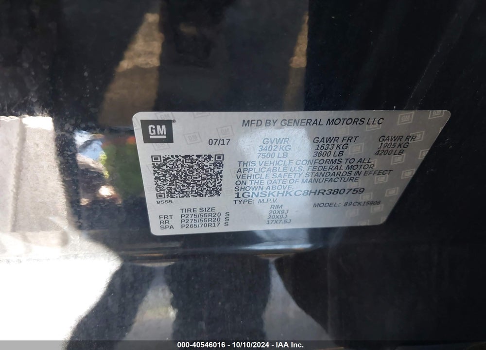 2017 CHEVROLET SUBURBAN LT VIN: 1GNSKHKC8HR380759