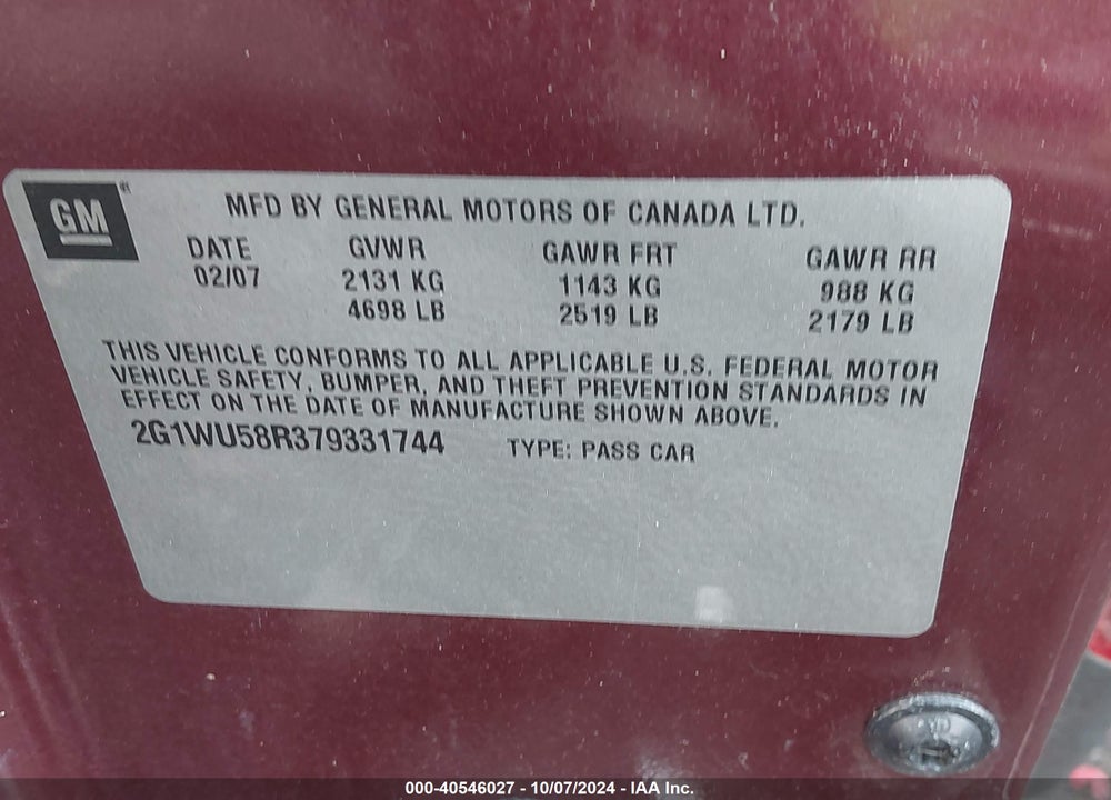 2007 CHEVROLET IMPALA LTZ VIN: 2G1WU58R379331744