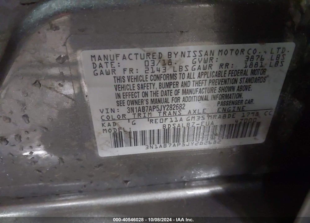 2018 NISSAN SENTRA VIN: 3N1AB7AP5JY282682