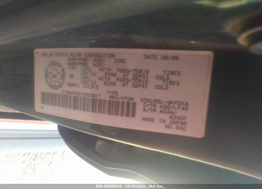 2000 TOYOTA 4RUNNER LIMITED VIN: JT3HN87R2Y0260617