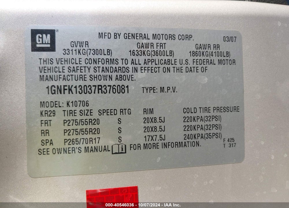 2007 CHEVROLET TAHOE LT VIN: 1GNFK13037R376081