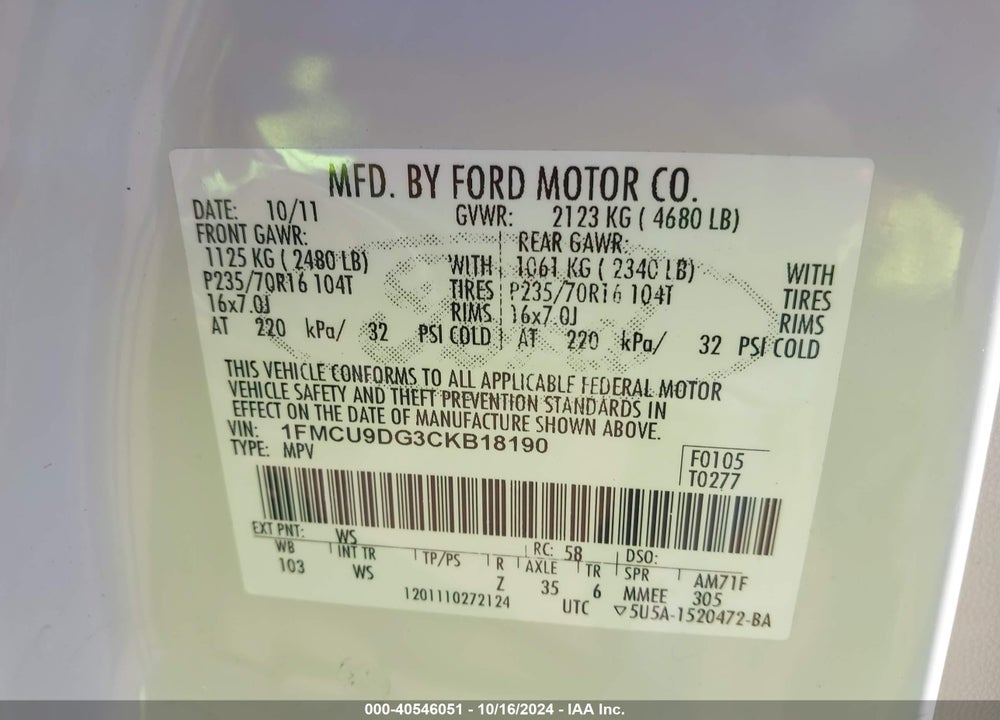 2012 FORD ESCAPE XLT VIN: 1FMCU9DG3CKB18190