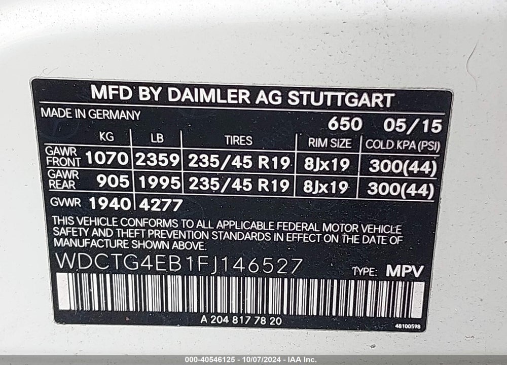 2015 MERCEDES-BENZ GLA 250 VIN: WDCTG4EB1FJ146527