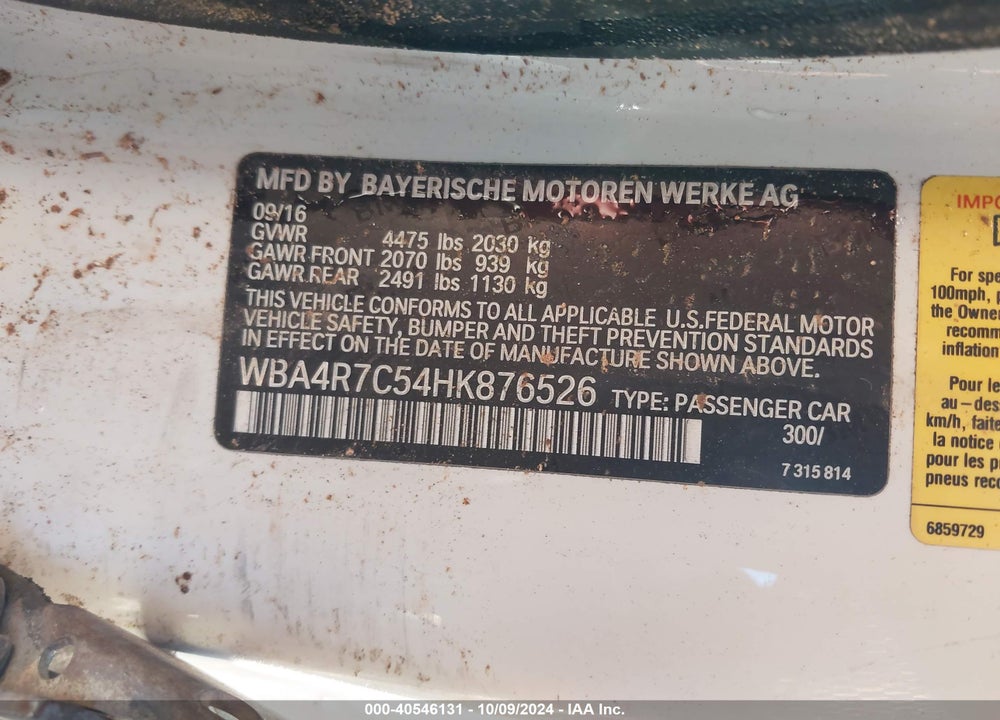 2017 BMW 430I VIN: WBA4R7C54HK876526