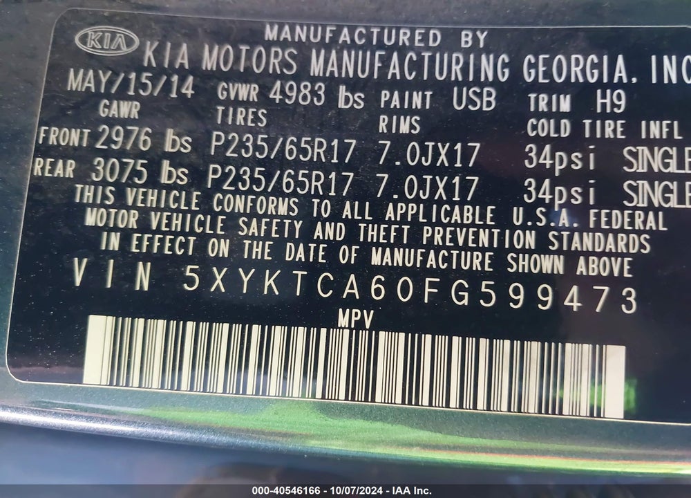 2015 KIA SORENTO LX VIN: 5XYKTCA60FG599473