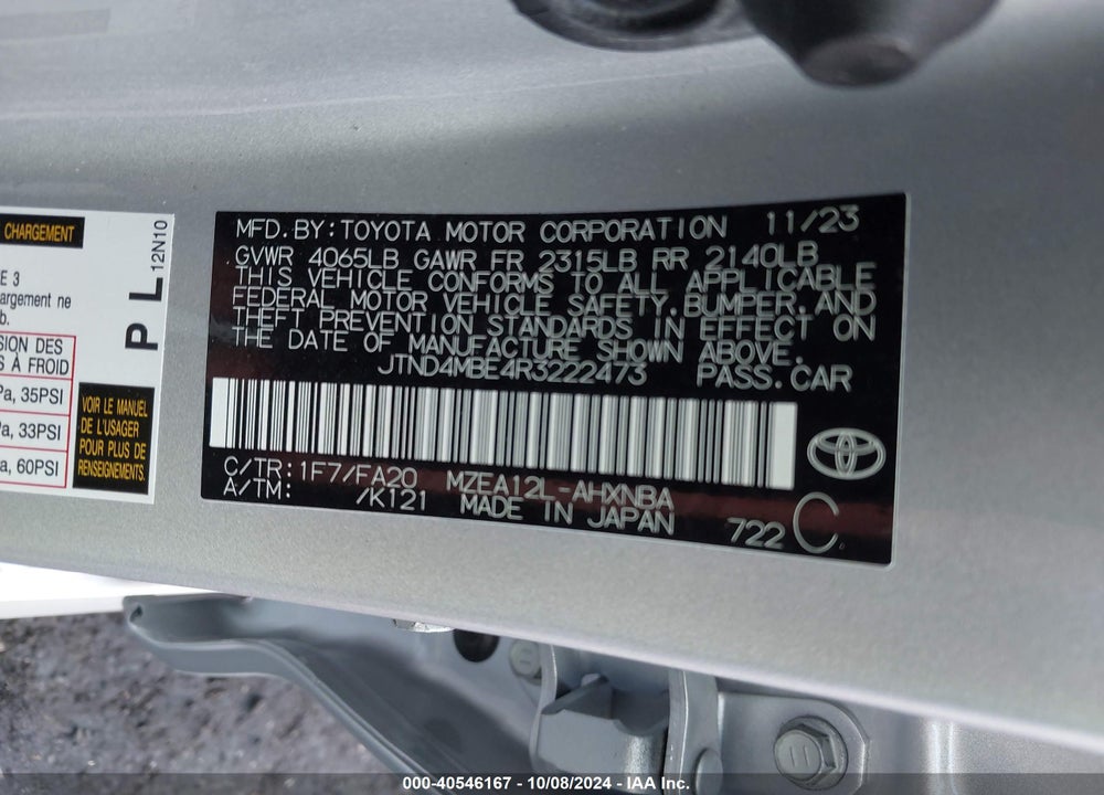 2024 TOYOTA COROLLA SE VIN: JTND4MBE4R3222473