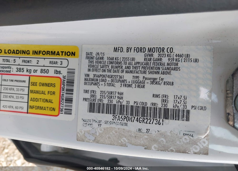 2016 FORD FUSION VIN: 3FA6P0H74GR227361
