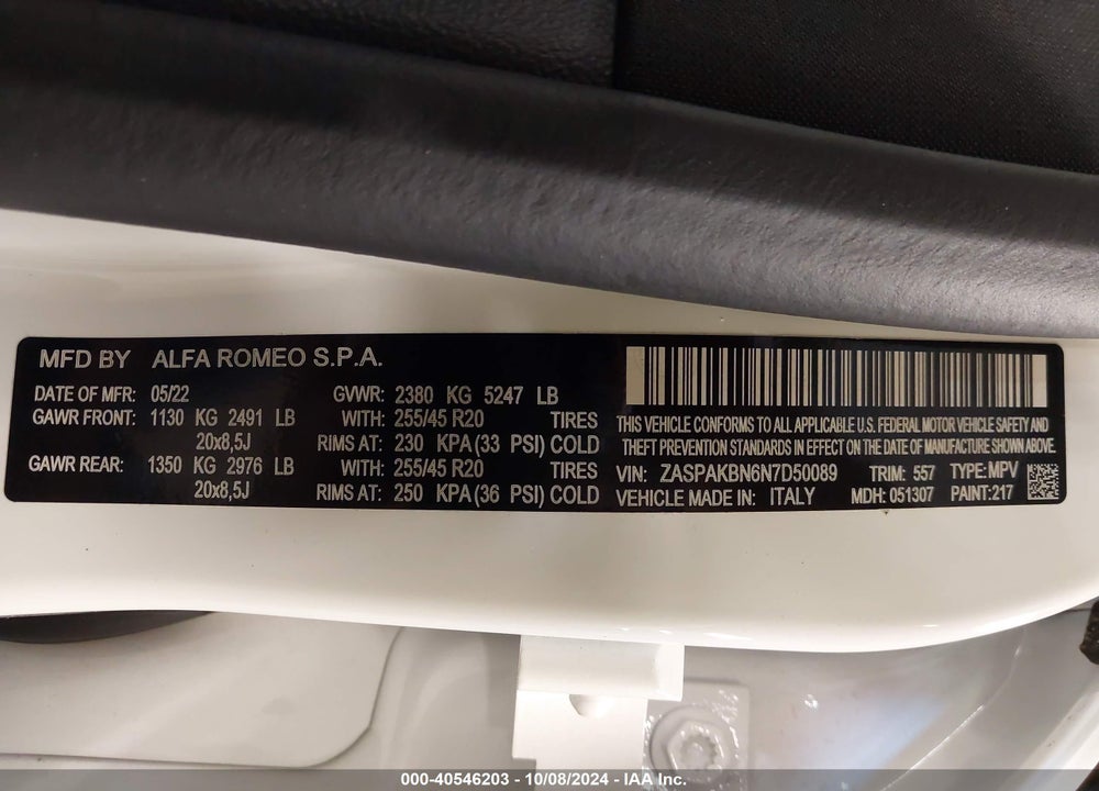 2022 ALFA ROMEO STELVIO VELOCE TI AWD VIN: ZASPAKBN6N7D50089