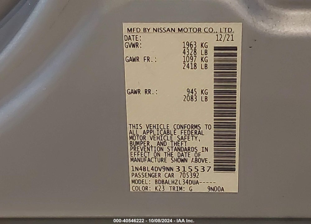 2022 NISSAN ALTIMA SV FWD VIN: 1N4BL4DV9NN315537