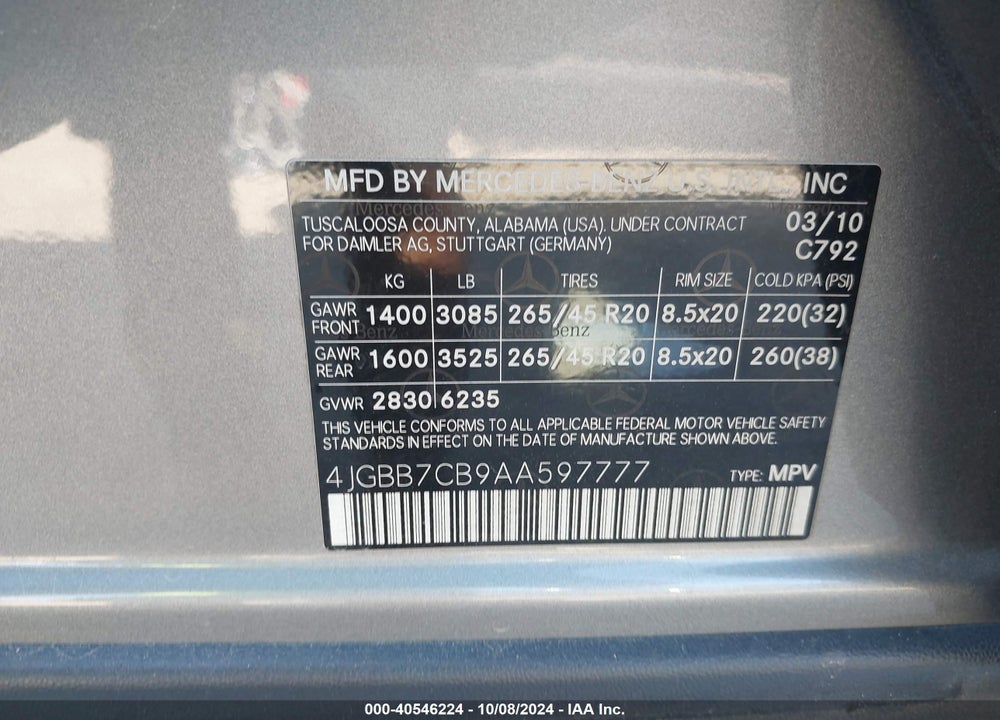 2010 MERCEDES-BENZ ML 550 4MATIC VIN: 4JGBB7CB9AA597777