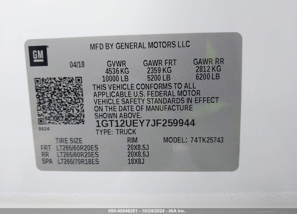 2018 GMC SIERRA VIN: 1GT12UEY7JF259944