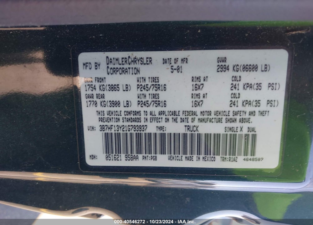 2001 DODGE RAM 1500 ST VIN: 3B7HF13Y21G793937