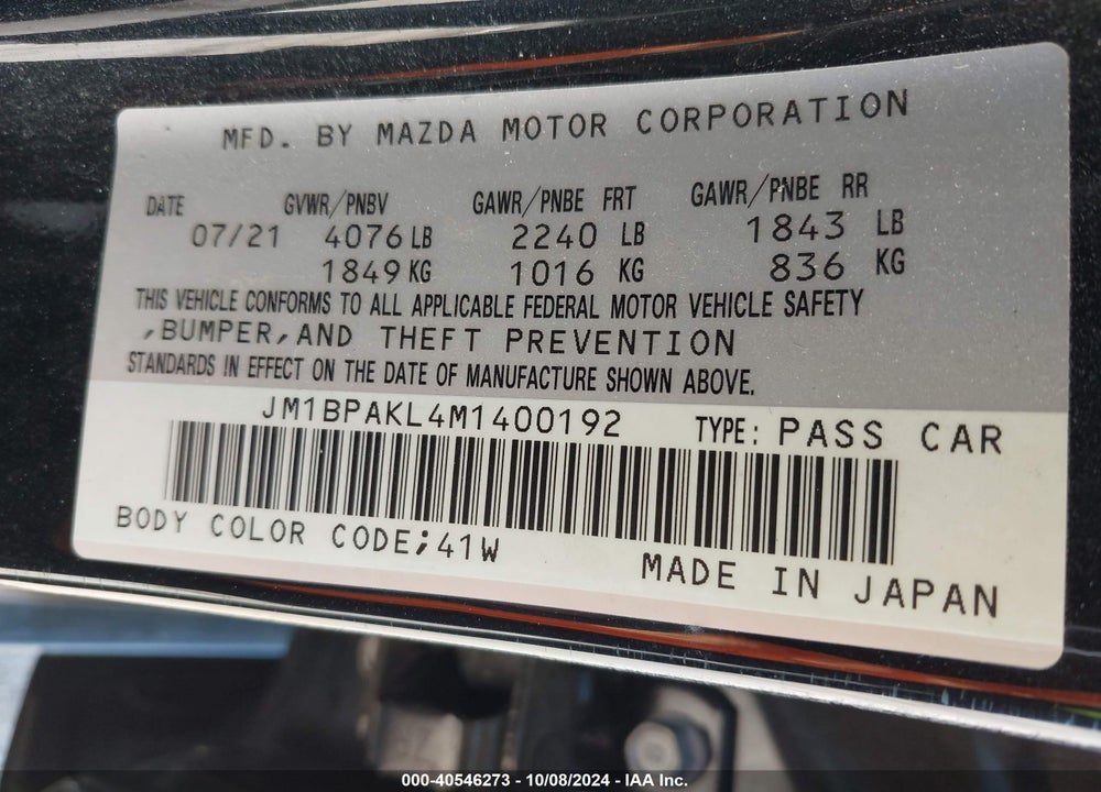 2021 MAZDA 3 SELECT VIN: JM1BPAKL4M1400192