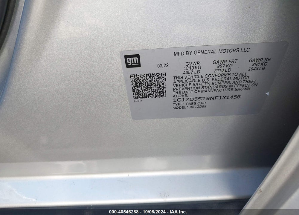 2022 CHEVROLET MALIBU FWD LT VIN: 1G1ZD5ST9NF131456
