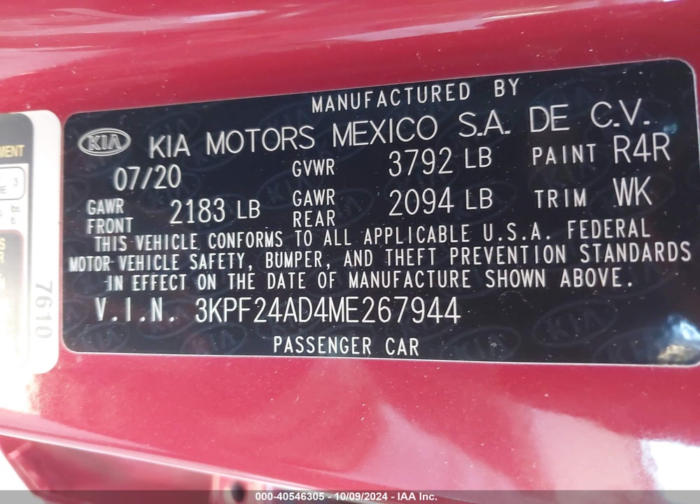 2021 KIA FORTE LXS VIN: 3KPF24AD4ME267944
