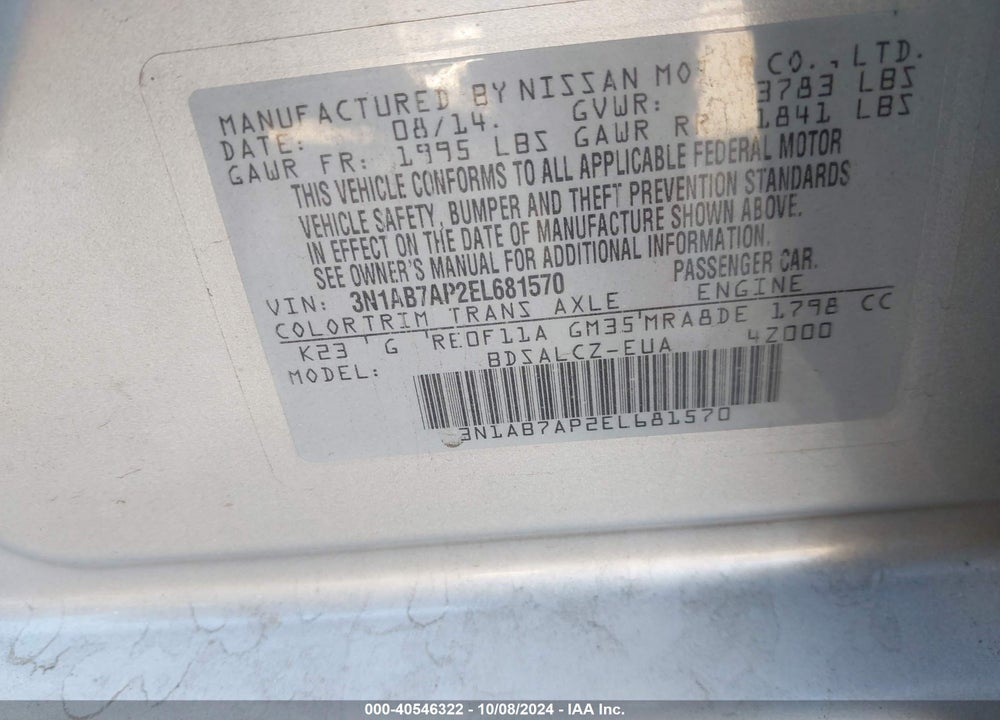 2014 NISSAN SENTRA S VIN: 3N1AB7AP2EL681570