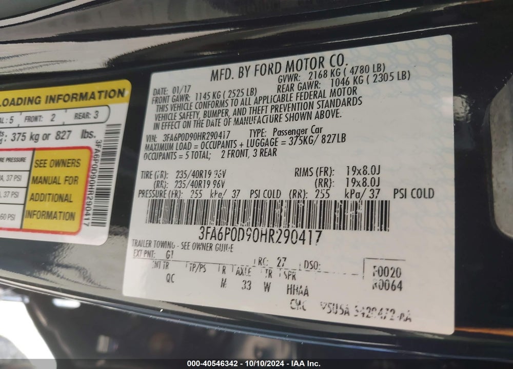 2017 FORD FUSION PLATINUM VIN: 3FA6P0D90HR290417