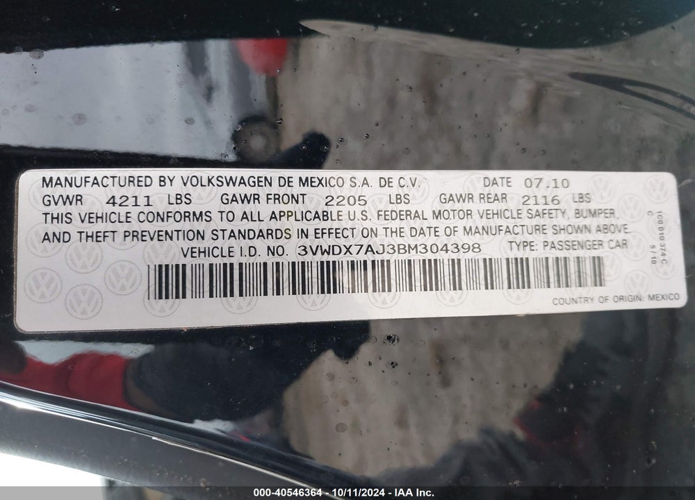 2011 VOLKSWAGEN JETTA 2.5L SE VIN: 3VWDX7AJ3BM304398