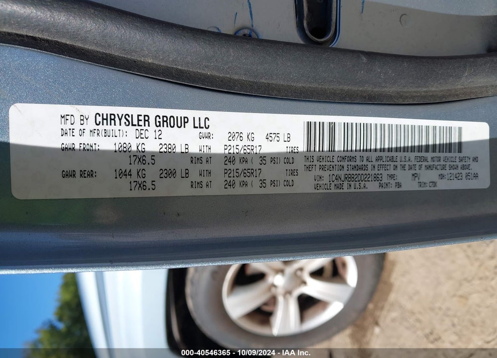 2013 JEEP PATRIOT SPORT VIN: 1C4NJRBB2DD221863