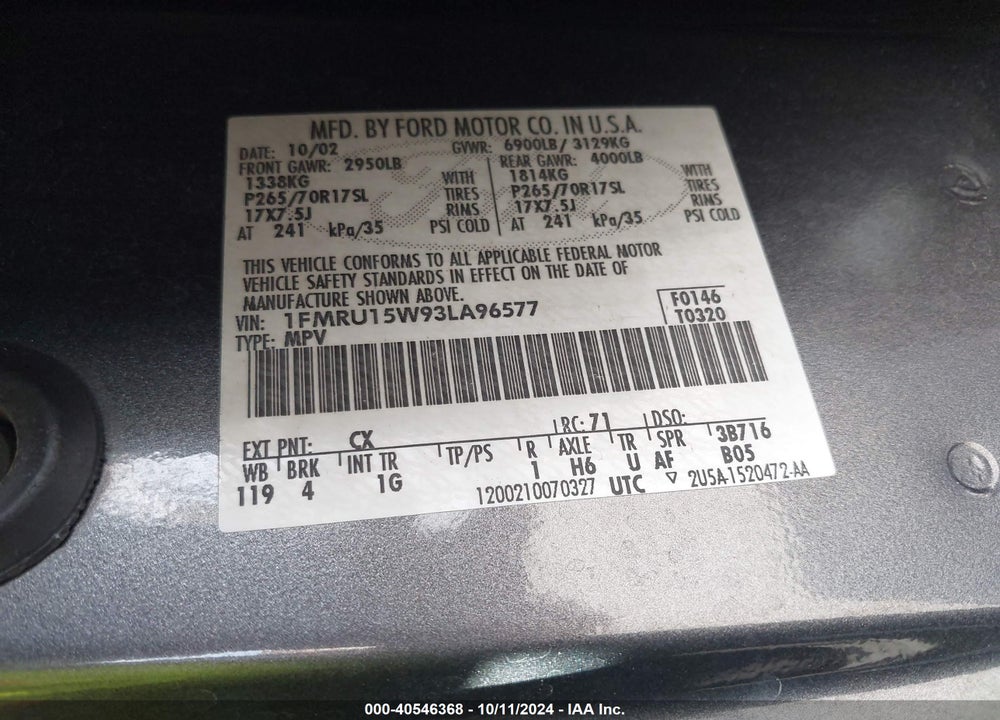 2003 FORD EXPEDITION XLT VIN: 1FMRU15W93LA96577