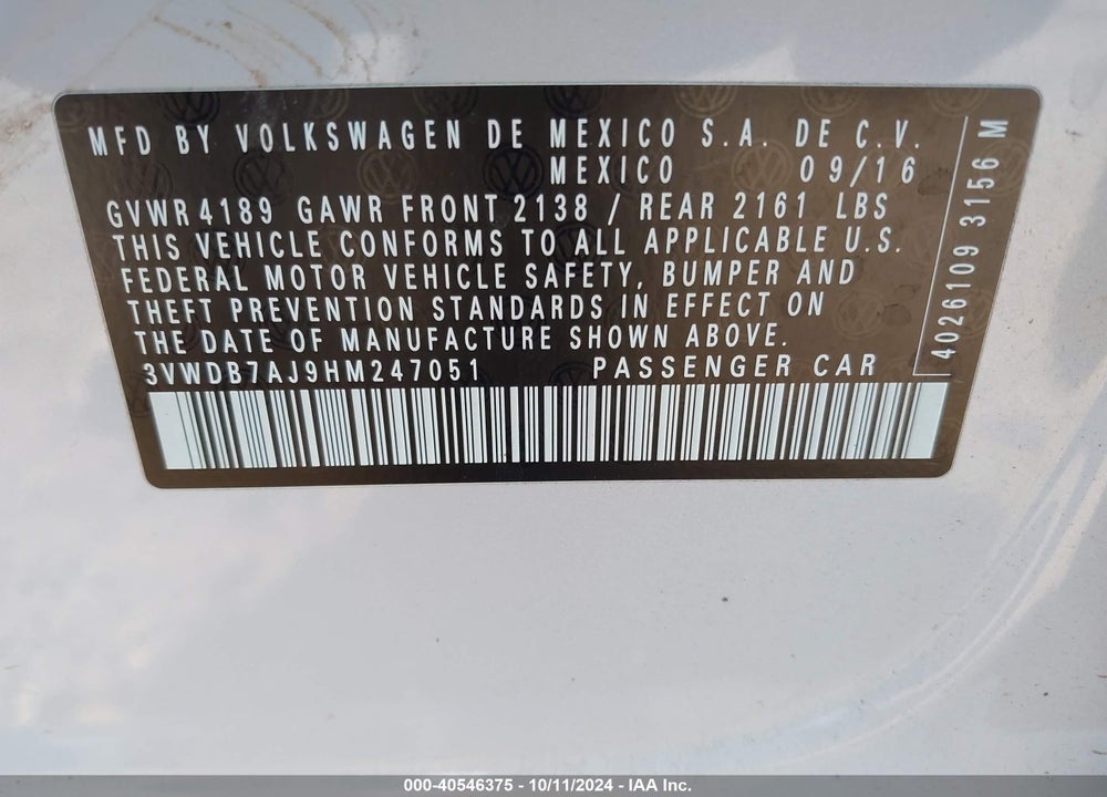 2017 VOLKSWAGEN JETTA 1.4T SE VIN: 3VWDB7AJ9HM247051