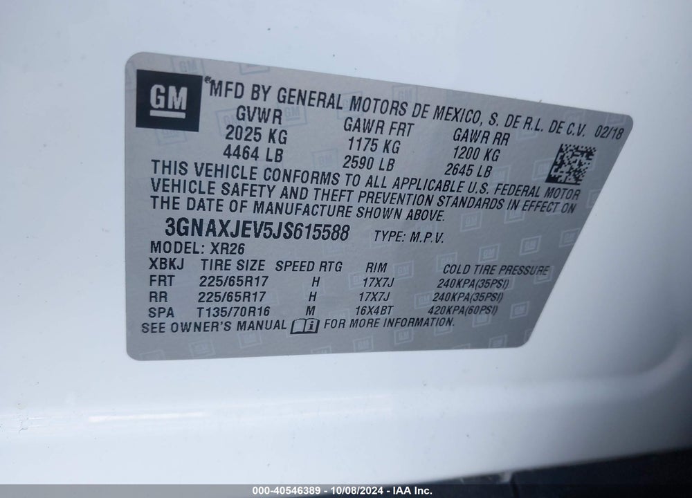 2018 CHEVROLET EQUINOX LT VIN: 3GNAXJEV5JS615588