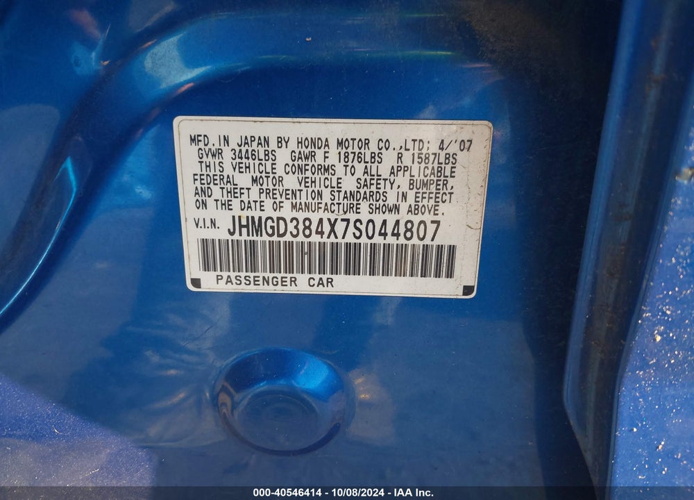 2007 HONDA FIT VIN: JHMGD384X7S044807