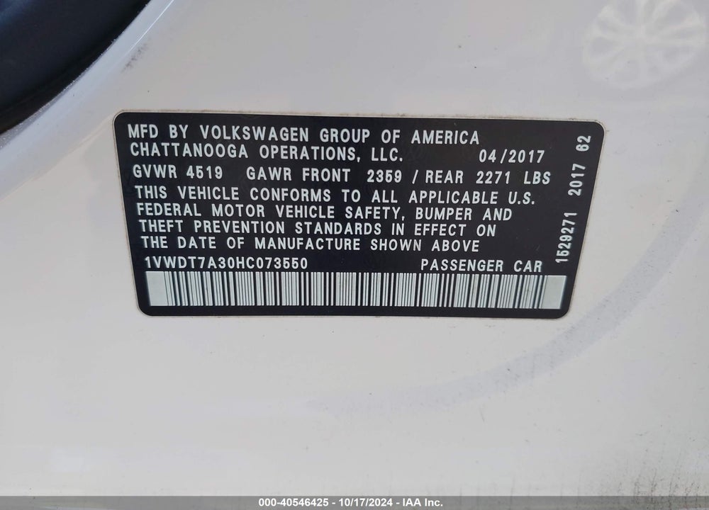 2017 VOLKSWAGEN PASSAT 1.8T R-LINE VIN: 1VWDT7A30HC073550