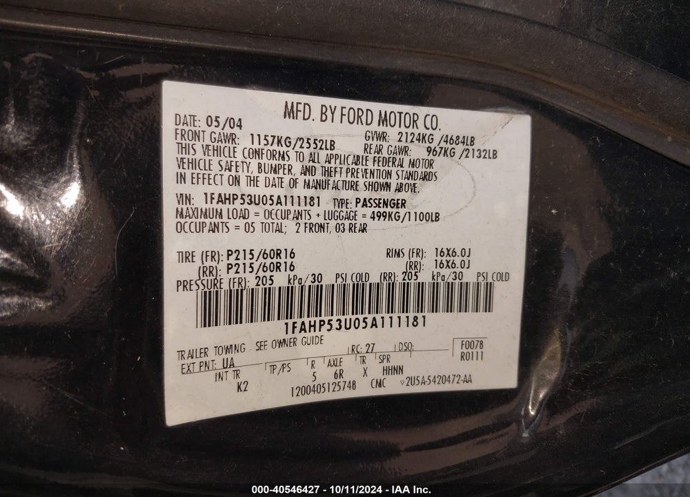 2005 FORD TAURUS SE VIN: 1FAHP53U05A111181