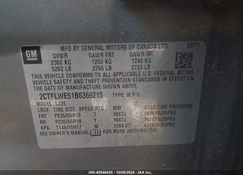 2011 GMC TERRAIN SLT-2 VIN: 2CTFLWE51B6369215