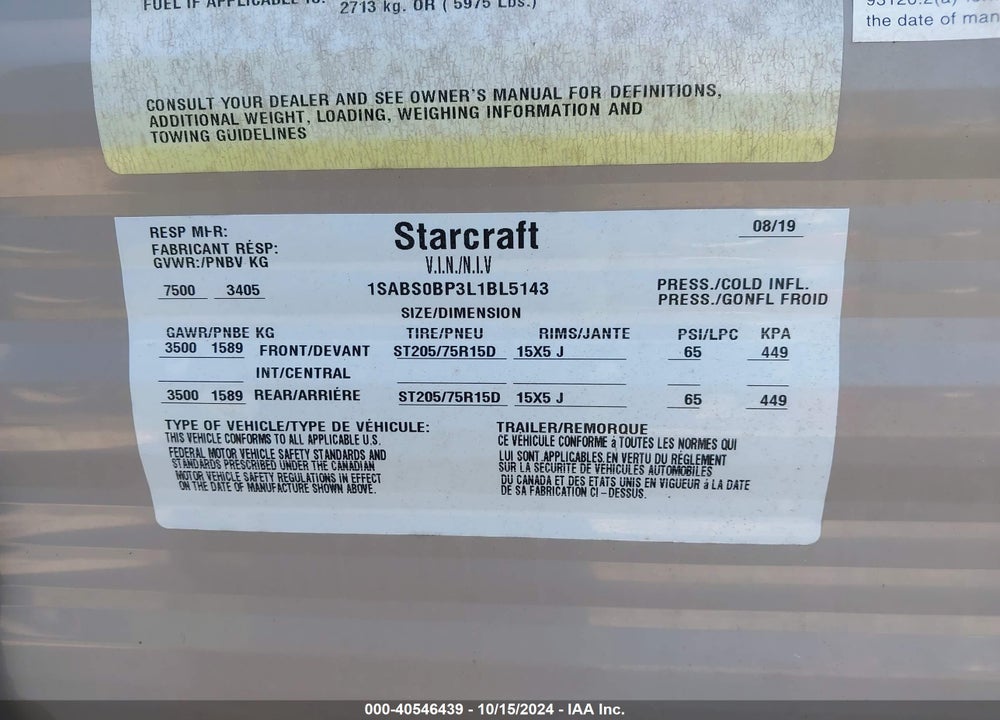 2020 STARCRAFT OTHER VIN: 1SABS0BP3L1BL5143
