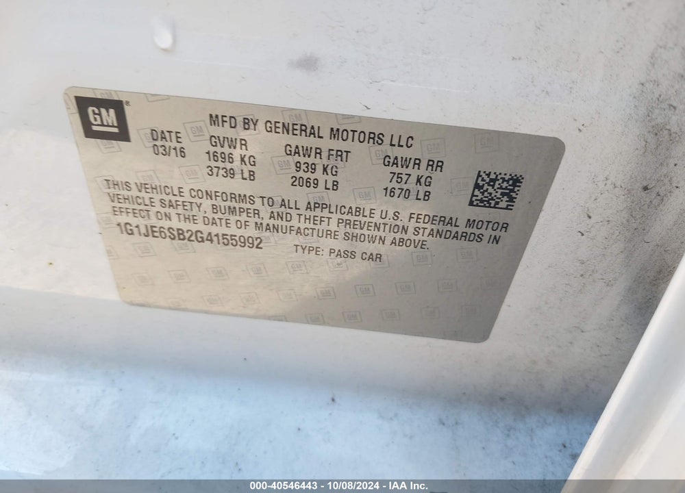 2016 CHEVROLET SONIC LTZ AUTO VIN: 1G1JE6SB2G4155992