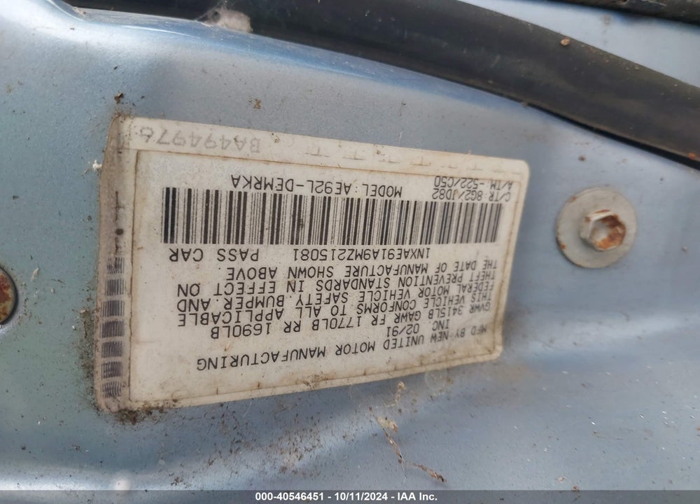 1991 TOYOTA COROLLA VIN: 1NXAE91A9MZ215081