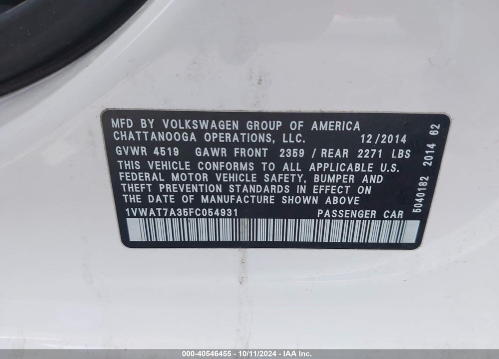 2015 VOLKSWAGEN PASSAT 1.8T WOLFSBURG EDITION VIN: 1VWAT7A35FC054931