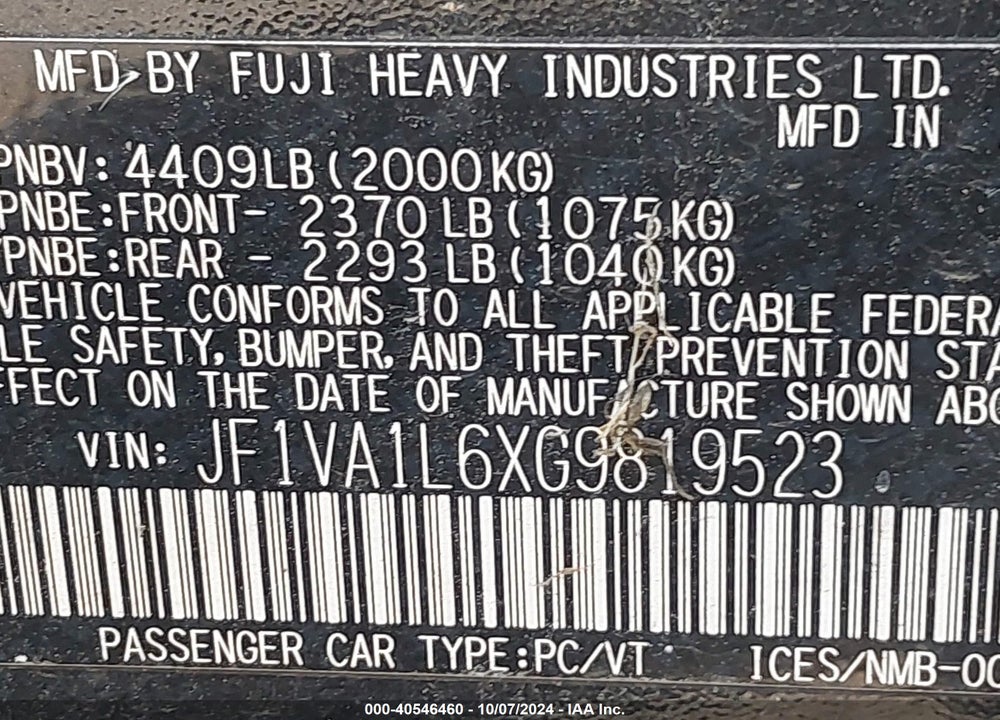 2016 SUBARU WRX LIMITED VIN: JF1VA1L6XG9819523