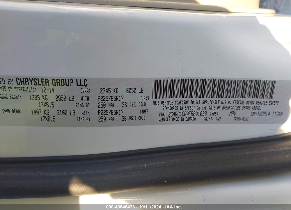 2015 CHRYSLER TOWN & COUNTRY TOURING-L VIN: 2C4RC1CG0FR601033