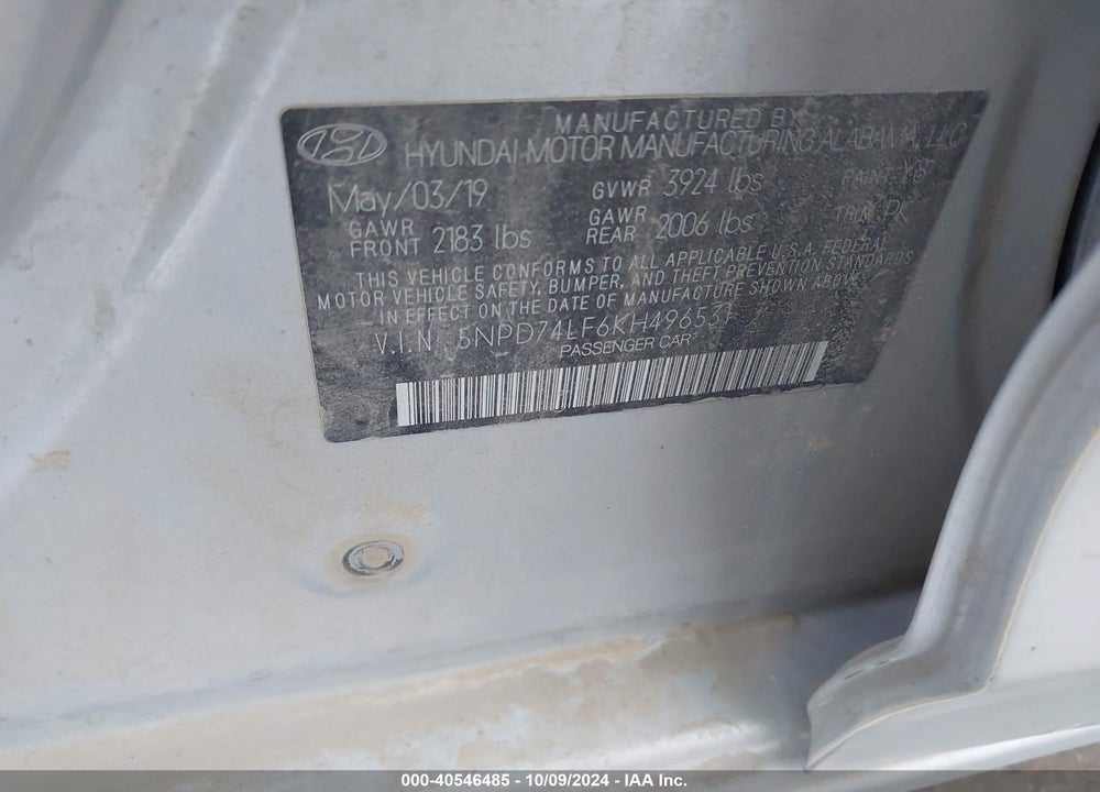 2019 HYUNDAI ELANTRA SE VIN: 5NPD74LF6KH496531